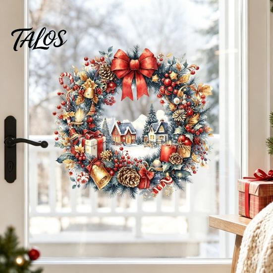 Festive Wreath Decorations Watercolor Christmas Static Window Cling, Reusable Xmas Sticker with Red Bow Seasonal Home Decor Winter Snowy Decal,
