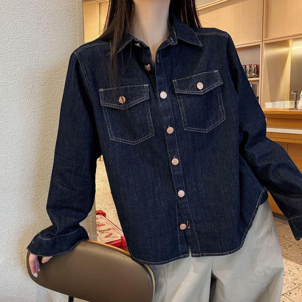 European Retro Dark Blue Denim Shirt for Women - Early Spring 2026 Fashion, Loose Fit with Lapel Collar.