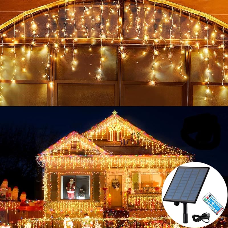 Solar Christmas Lights Outdoor Waterproof Christmas Decorations Curtain Lights 320LED 29.5ft 60 Drops, Solar Powered Rechargeable Fairy Lights for