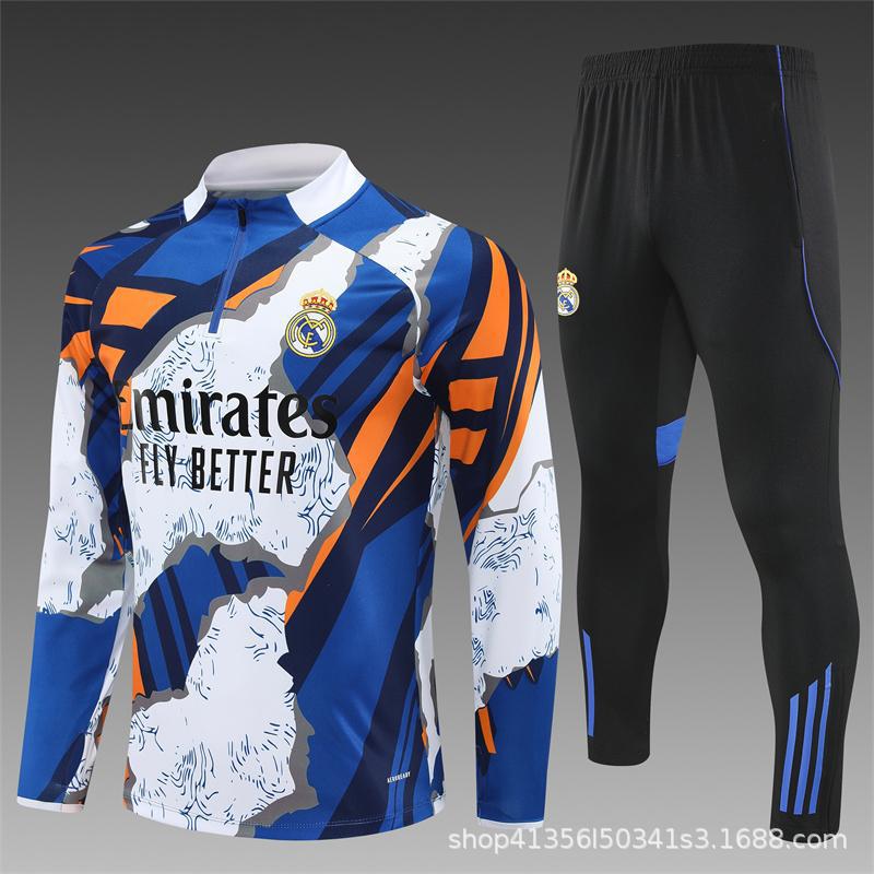Maglia da Allenamento da Calcio Real Madrid a Maniche Lunghe Mezza Zip Tuta per Adulti e Bambini Stampa Maglia Mbappe