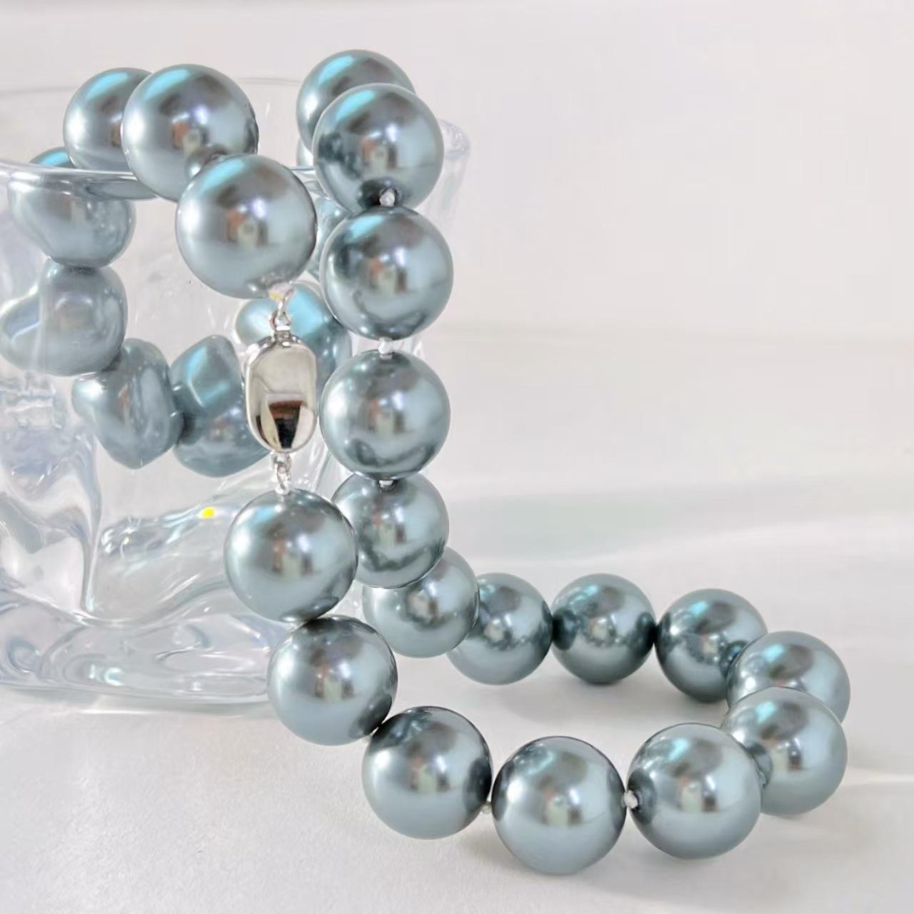 

Vintage 16Mm Large Particle High Quality Haze Blue Gray Artificial Crystal Pearl Necklace Collarbone