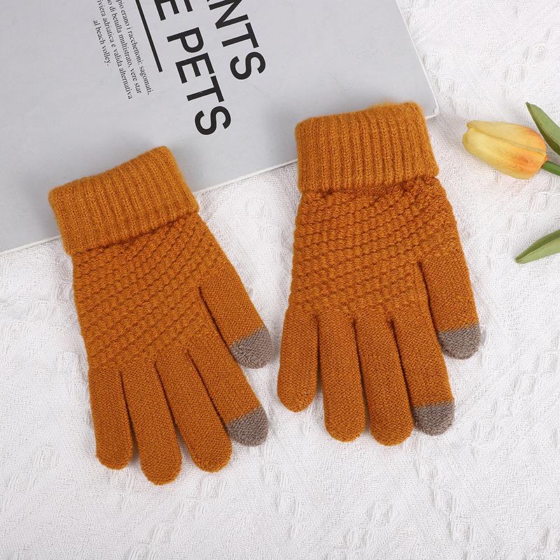 Korean Winter Gloves Brushed Fleece Thick Ribbed Jacquard Touchscreen Unisex
