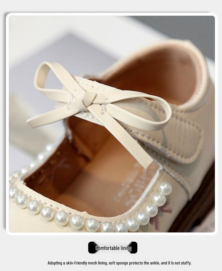 Cherry Leather Bowknot Princess Shoes for Girls - Soft Sole Pearl Trim Flats