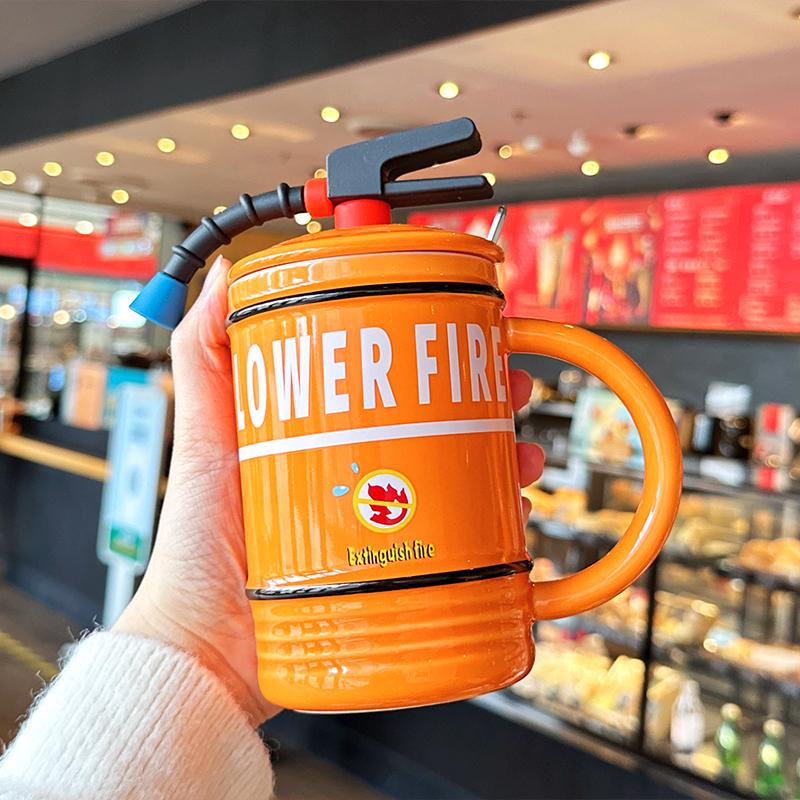 Fire Extinguisher Ceramic Cup Creative Personality Trendy Design Office Coffee Mug Funny Cup with Lid and Spoon 480ml