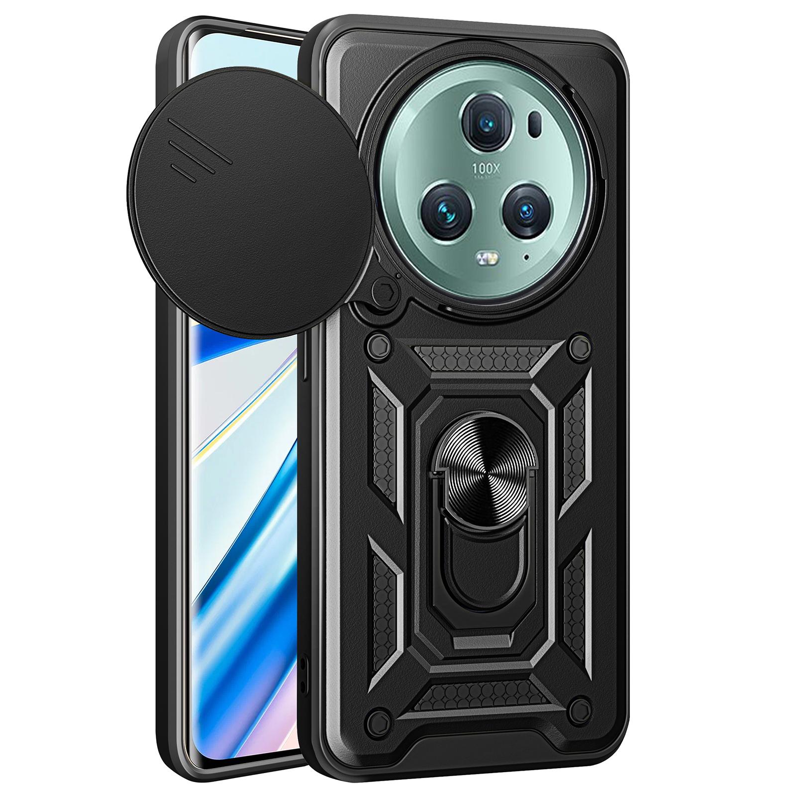 

For Honor Magic5 Pro Case with Slide Camera Lid PC+TPU Kickstand Phone Cover Black