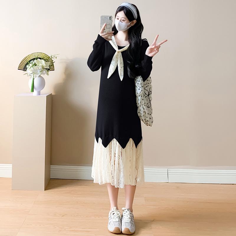 Maternity Round Neck Knit Patchwork Lace Dress with Shawl - Spring 2026 Extra Large