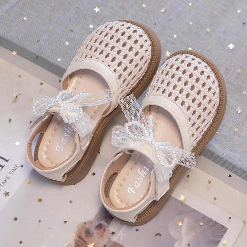 

Girls Weave Toes Capped Sandals with Pearl Bow Soft Sole Anti Slip Kids Summer Beach Shoes Children Princess Sandals New 26