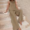 2 Pcs/Set Women Top Pants Set Solid Color Round Neck Sleeveless Loose Vest Wide Leg Side Pockets Trousers Daily Wear Commute Vac