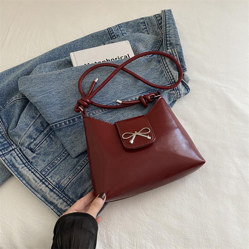 Borsa a mano con fiocco e ascella in pelle PU di colore solido, alla moda, con fiocco, da ascella, dolce, da donna, a tracolla
