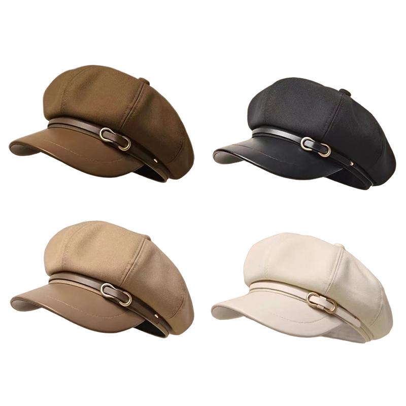 1PC Peak Cap Vintage Belt Buckle Design Gift Accessories Versatile Beret Cool Leather Brim Fashion Octagonal Hat Warmth 58-60cm