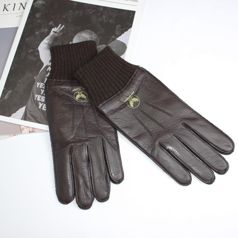 

Мужские перчатки из оленьей кожи Высококачественная натуральная кожа Флисовая вязаная подкладка Теплые полосатые перчатки авиатора-пилота для вождения Осень Зима 11