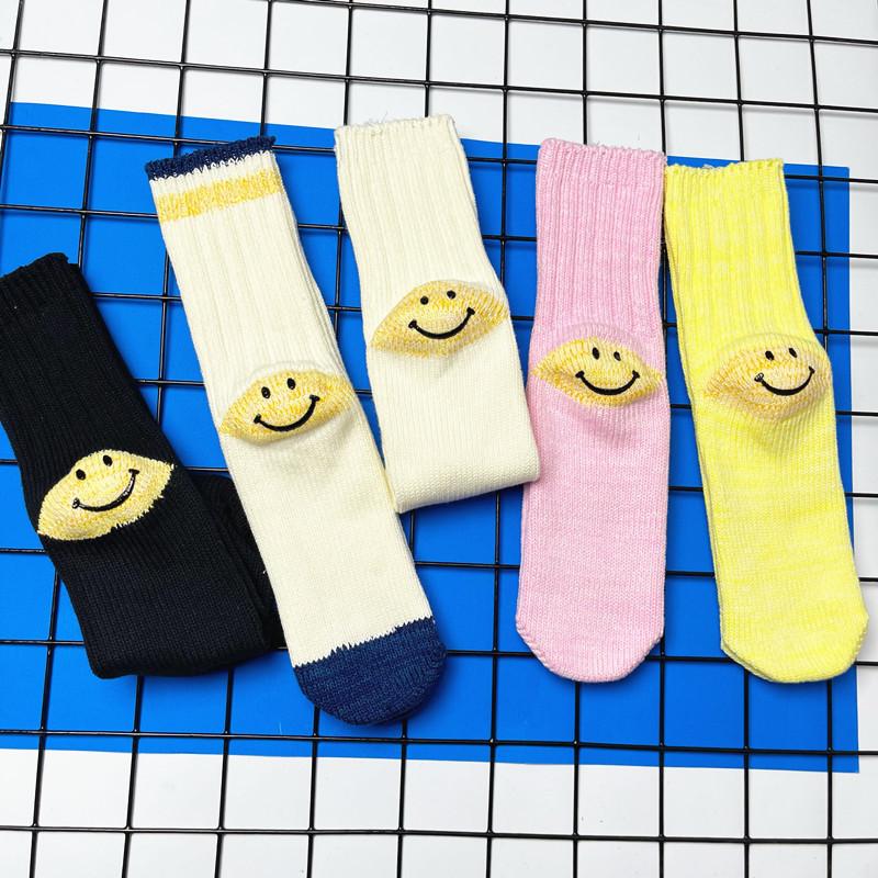 Hirata And Hiroshi Wool Thick Needle Smiley Face Heel Thick Workwear Color-Blocking Striped Mid-Leg Socks Trendy Socks