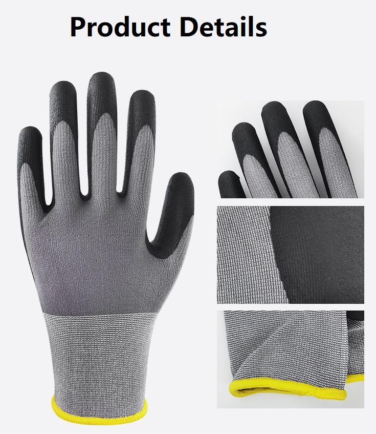 OEM 15 Gauge Anti-Slip Breathable Abrasion Resistant Work Gloves Sandy Foam Nitrile Coating Nylon Spandex Liner Palm Finger
