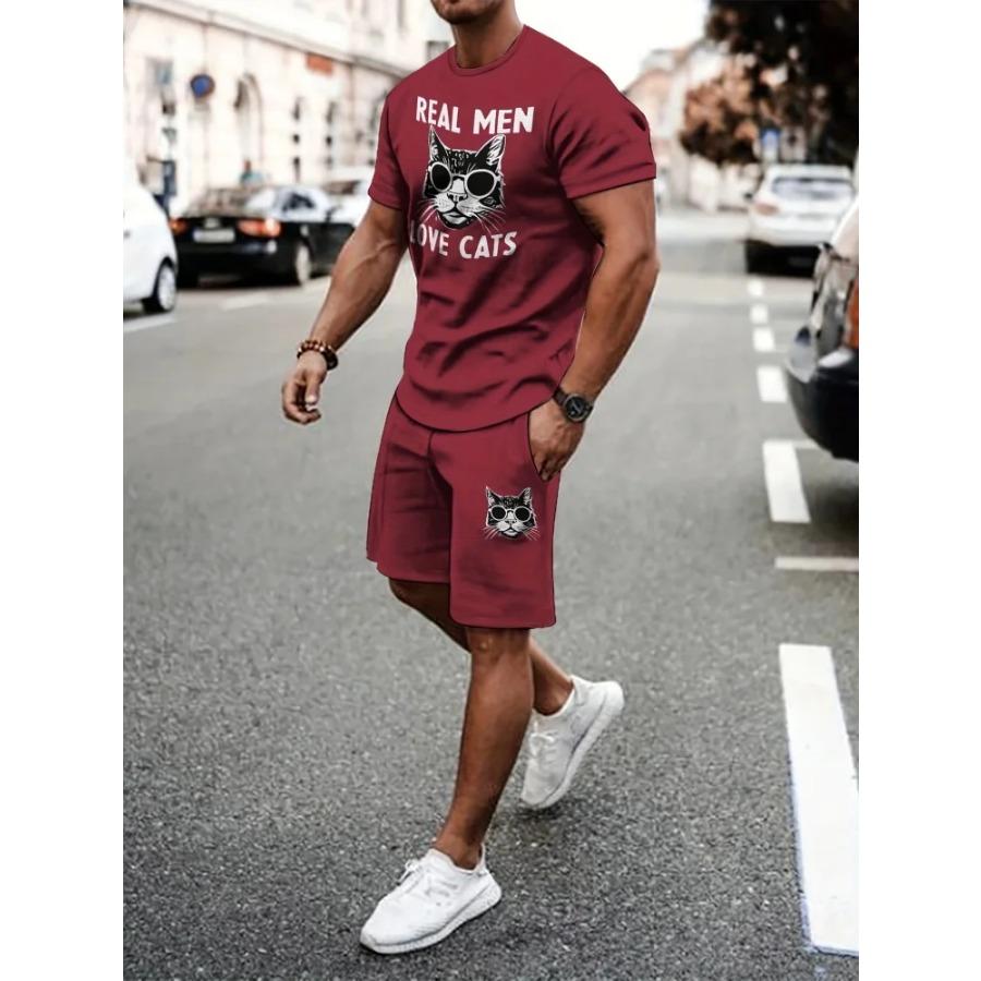 Men's Summer Short-sleeved Set, 3D Creative Flame Print And Shorts, Two-piece Casual Outdoor Fashion Set