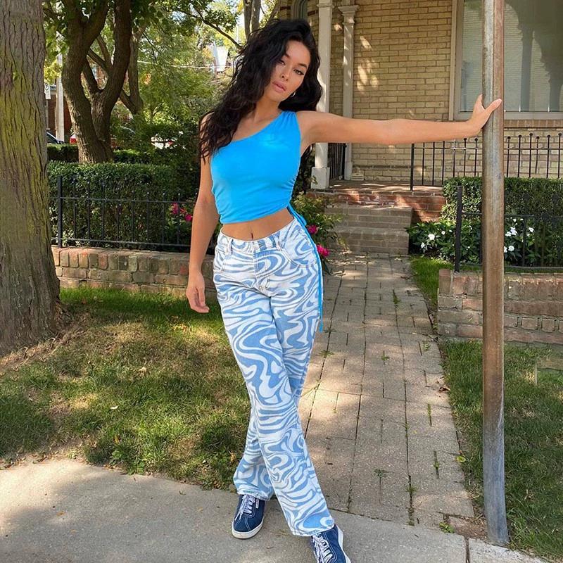 Zebra Pattern High Waist Women'S Jeans 90s Streetwear Trousers Baggy Leg Pants Denim Capris