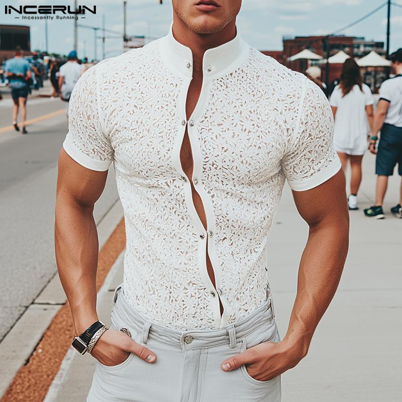 

INCERUN Men Short Sleeve Front Lace See Through Sheer Tops Summer T-shirts S білий