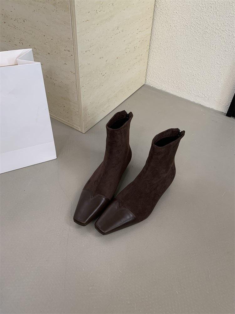 Low-heeled short boots Women's thick-heeled autumn and winter design sense Splicing square-headed thin boots and bare boots