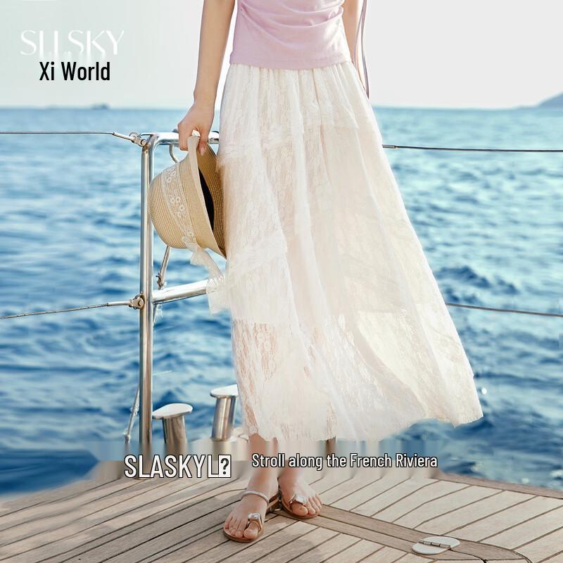 Women s High-Waist Lace A-Line Midi Skirt M