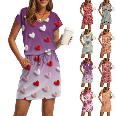 Women's V,Neck Short,Sleeve Drawstring Pocket Valentine's Day Print Casual Dress
