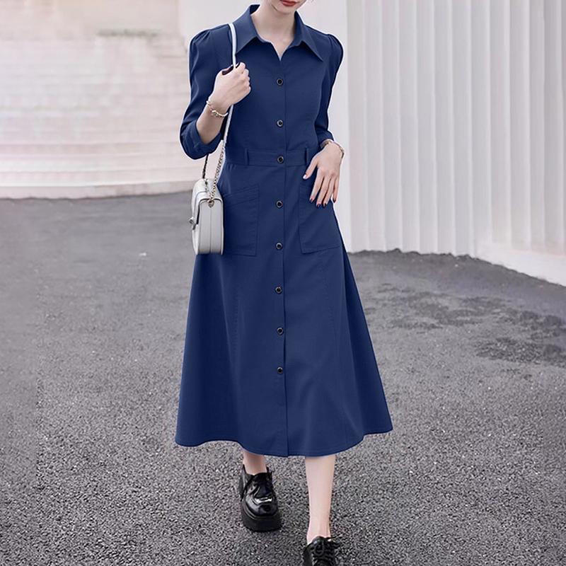 

ZANZEA Женское повседневное свободное платье-рубашка с отложным воротником и длинными рукавами 2XL синий