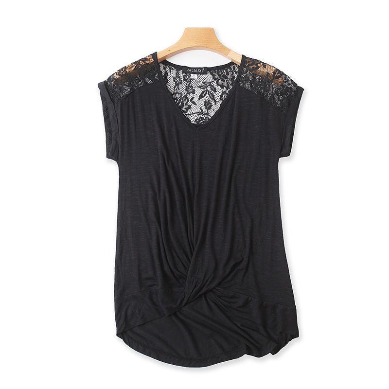 

Lace Crocheted Split Layer Ruched T-shirt Summer New Arrival Batwing Shirt Female Bottoming Loose Foreign Order Tops D/8-3 Black XS