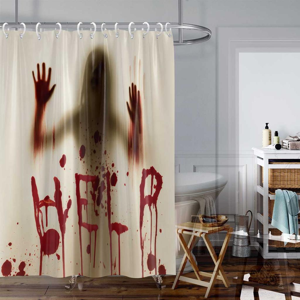 1 Stück Halloween Schreckliches Handabdruckmuster Gedruckter Duschvorhang, Mit 12 Haken, Badezimmer Dusche, Badewanne, Halloween Dekoration