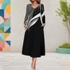 Women Plus Size V Neck Long Sleeve Black White Printed A Line Midi Dress With Pockets