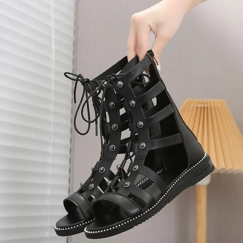 Fashion New Hollow Casual Sandalias De Mujer Open Toe Cross Strap Ladies Shoes Wedges Summer Roman Black Sandales Boots Large Size 35-43