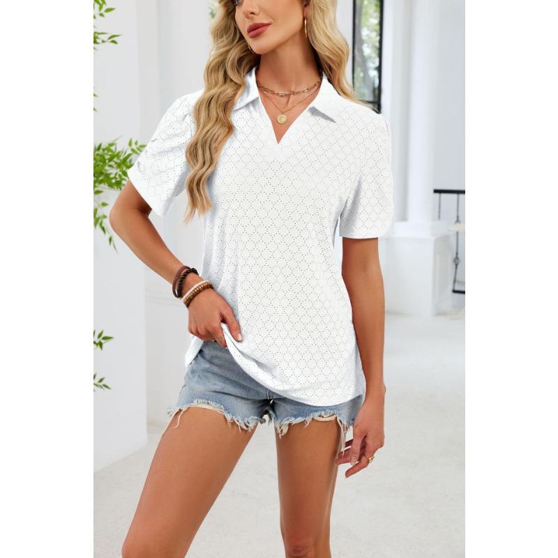 European and American cross-border foreign trade women's summer new V-neck T-shirt puff sleeve loose POLO shirt top