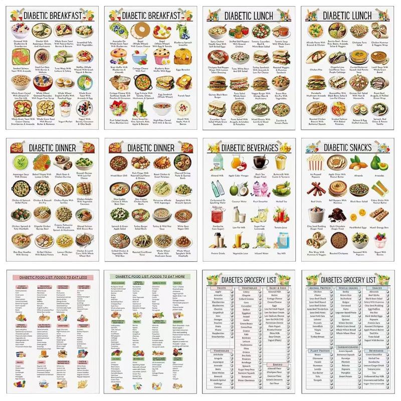 12pcs Low Sugar Food Chart Low Carb Diet Nutrition List Food Information Guide Poster for Dad mother Grandpa Grandma Elderly