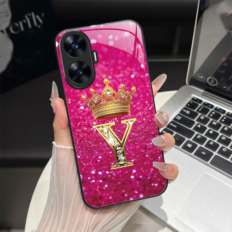 For Realme C55 4G Case Fashion Letters Hard Tempered Glass Back Covers For Realme Narzo N55 NarzoN55 C55 RMX3710 Phone Shell
