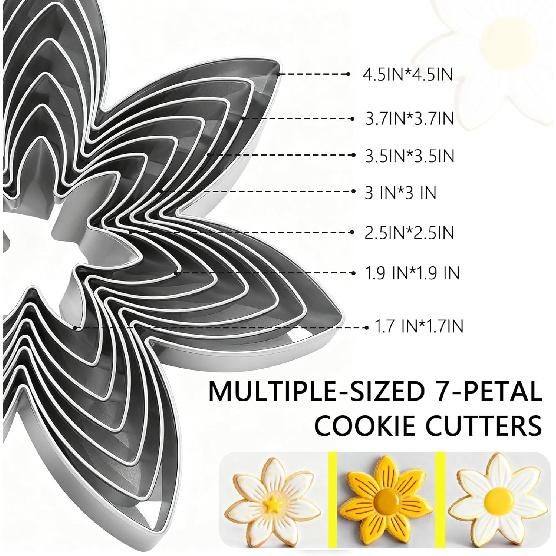 7 Pcs Flower Cookie Cutters-4.5", 3.7", 3.5", 3", 2.5", 1.9", 1.7" -Seven-Petal Sunflower, Daisy, Scalloped Stainless Steel Biscuit Cutters For