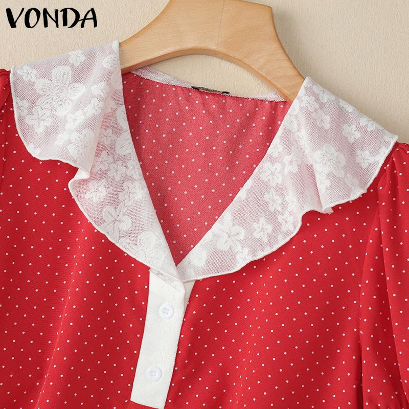 VONDA Summer Women Lace Neck Short Puff Sleeve Ruffled Polka Dots Casual Tops Blouse