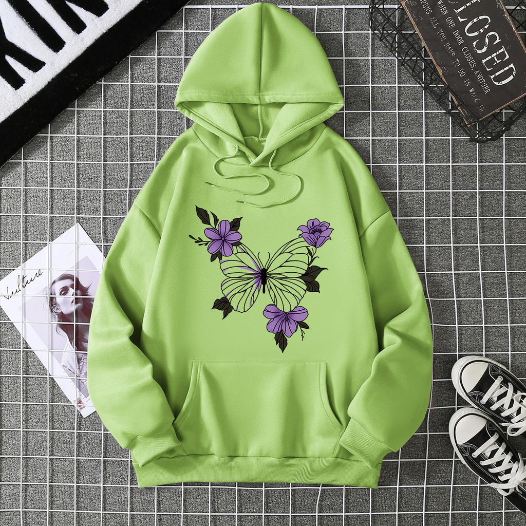 European and American Basic Butterfly Printing Casual Hooded Sweater Women's Autumn and Winter with the Same Versatile Loose Top