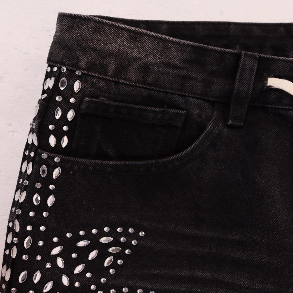 Men's Side Gradient Rhinestone Denim Shorts, Vintage Hip Hop Street Loose Drawstring Knee Length Shorts