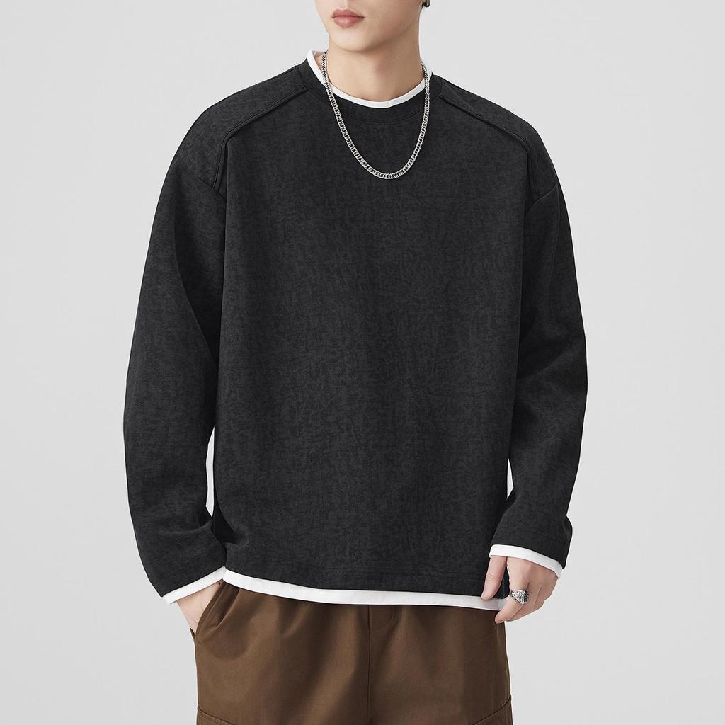 SH&Trend Men's Heavyweight 300g Round Neck Hoodie - Autumn/Winter Patchwork Long Sleeve Pullover