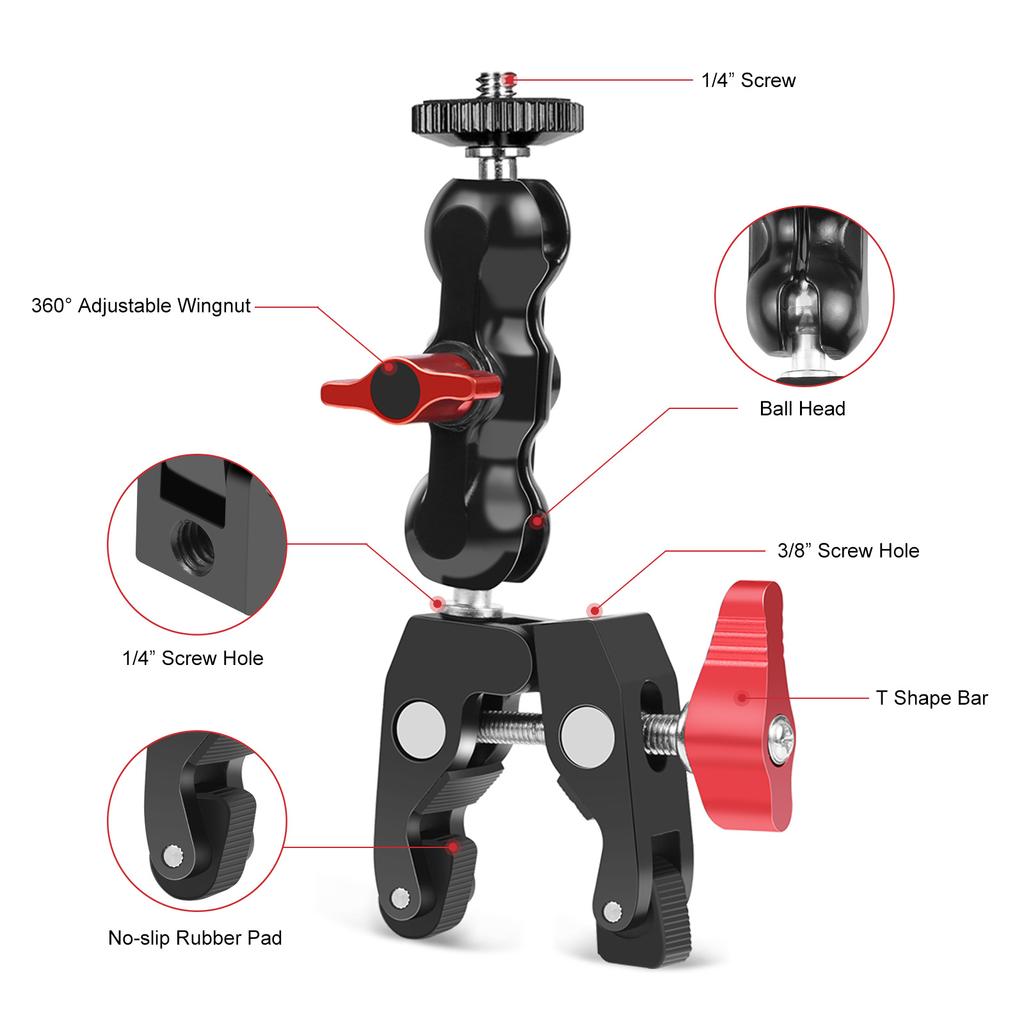 Super Clamp Camera Clamp Mount Monitor 360° Ballhead Magic Arm Double Ball Head Adapter for DSLR Camera/Gopro/LED Lights/phone