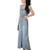 2026 Spring Retro Hong Kong Style Spaghetti Strap Denim Dress - Niche Design Waist-Cinching Long Dress for Women