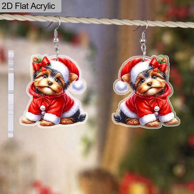 2D Flat Christmas Cartoon Christmas Costumes Hat Dog Double-sided Pattern Earrings Jewelry Gift for Women Female