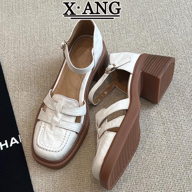 Leather woven bag head sandals women's summer with skirt thick heel Mary Jane shoes one-button high-heeled sandals