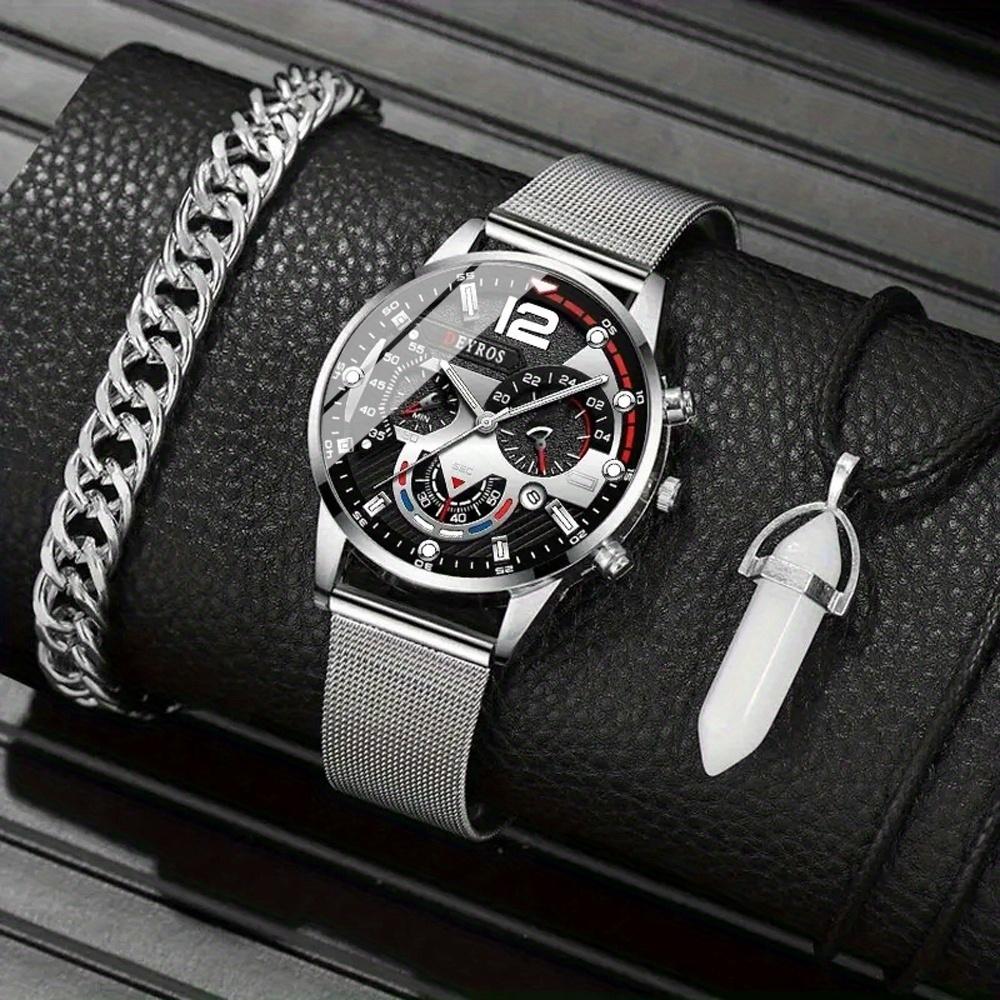 

3 шт./комплект модные деловые кварцевые часы с календарем мужские из нержавеющей стали с сетчатым ремешком и серебряным браслетом и ожерельем в виде пули