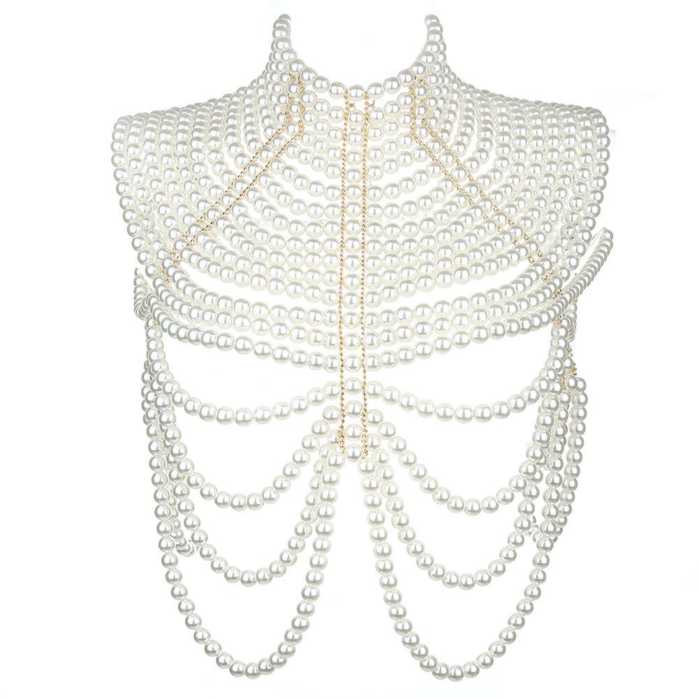 High-texture large multi-layer imitation pearl hand-woven women s body chain shawl dress