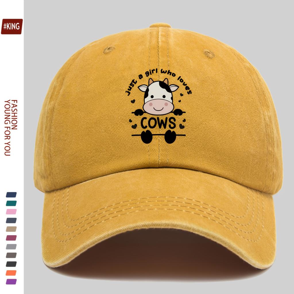 Cute Cartoon Cow Print Washed Vintage Soft Top Sunshade Baseball Cap Unisex Versatile Baseball Cap