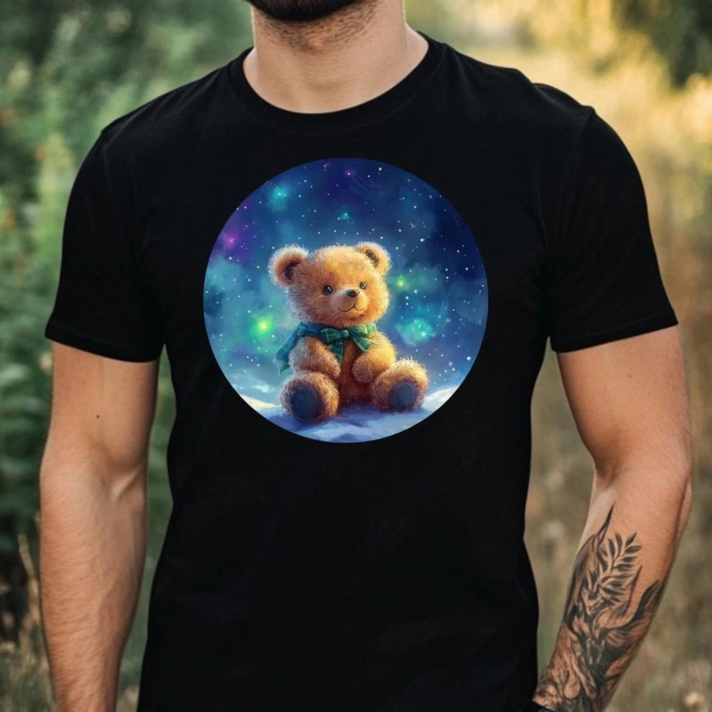 T-Shirt Herren Teddybär mit Nordlicht Motiv Baumwolle Größe XS bis 5XL