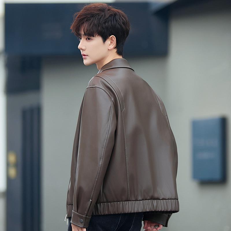Herrenjacke Frühling und Herbst Koreanische Version Trendy Hübsche Lässige Lose Beliebte Revers Lokomotive Pu-Lederjacke