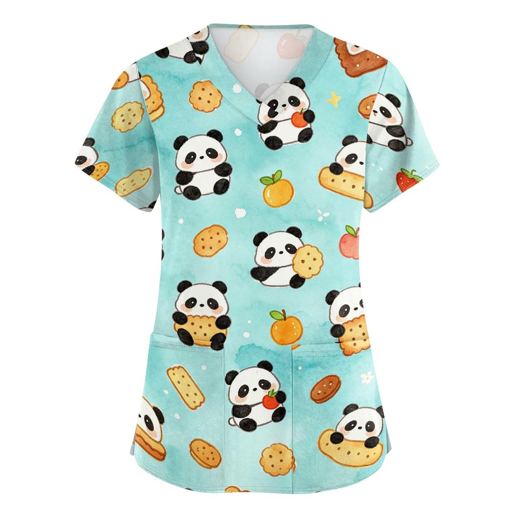 Women's V Neck Short Sleeve Work Top with Pockets Animal Print Medical Uniform Scrub Shirt for Healthcare Professionals Nursing Staff