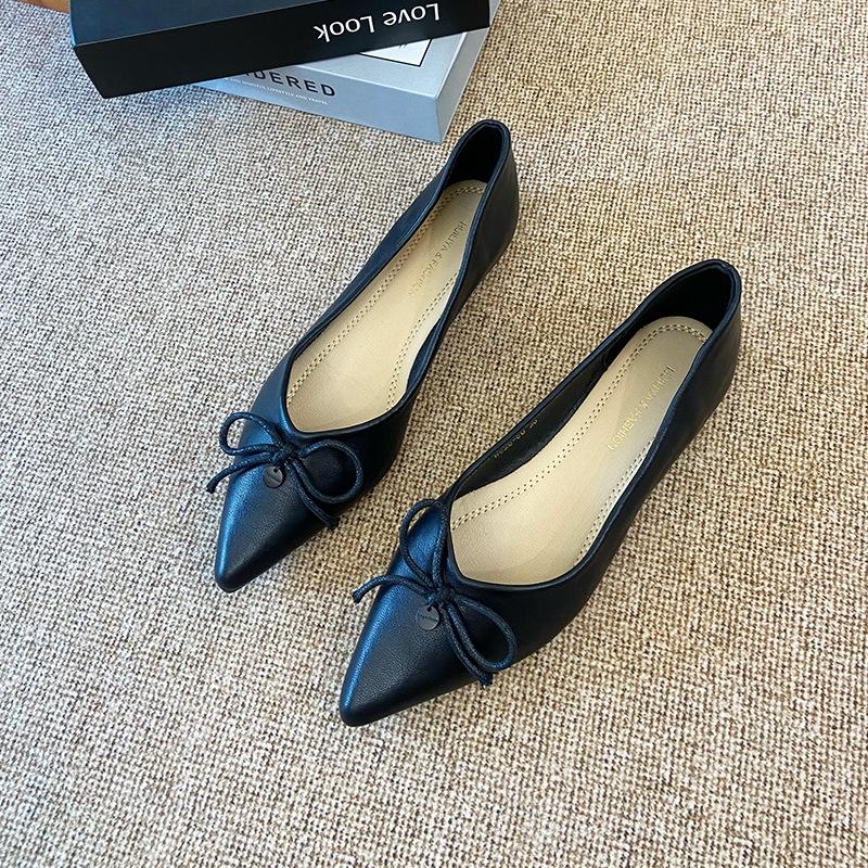 W828-80 French nude pointed single shoes women's 2025 new flat shoes versatile bow evening shoes women's shoes