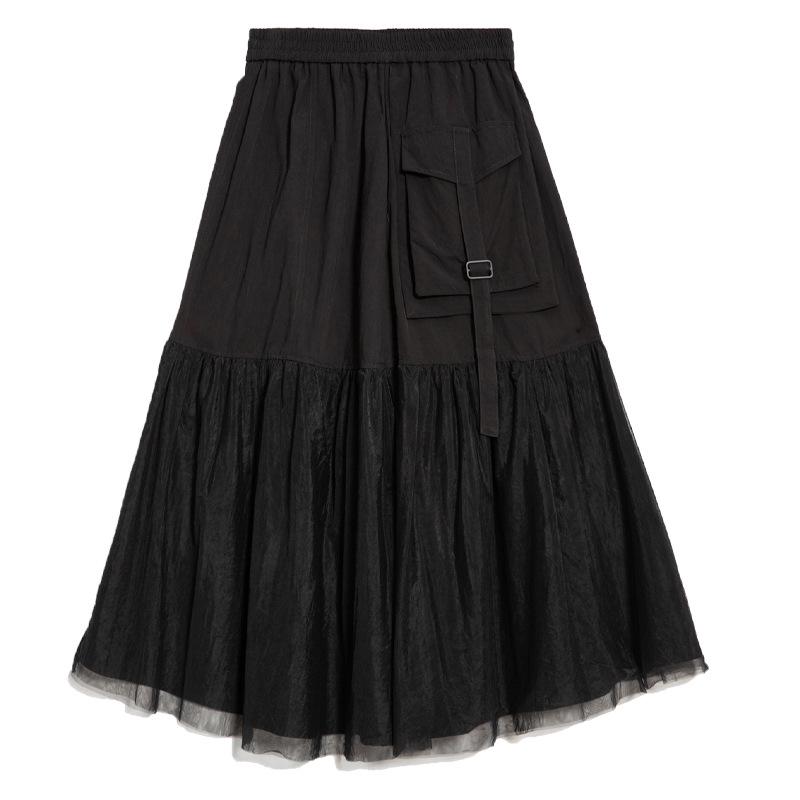 Dark Style A-Line Mesh Patchwork Skirt: Casual, Mid-Length, Elastic Waist, Irregular Flare