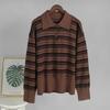 Womens Loose Colorblock Stripe Turn Down Collar Long Sleeve Knit T Shirt