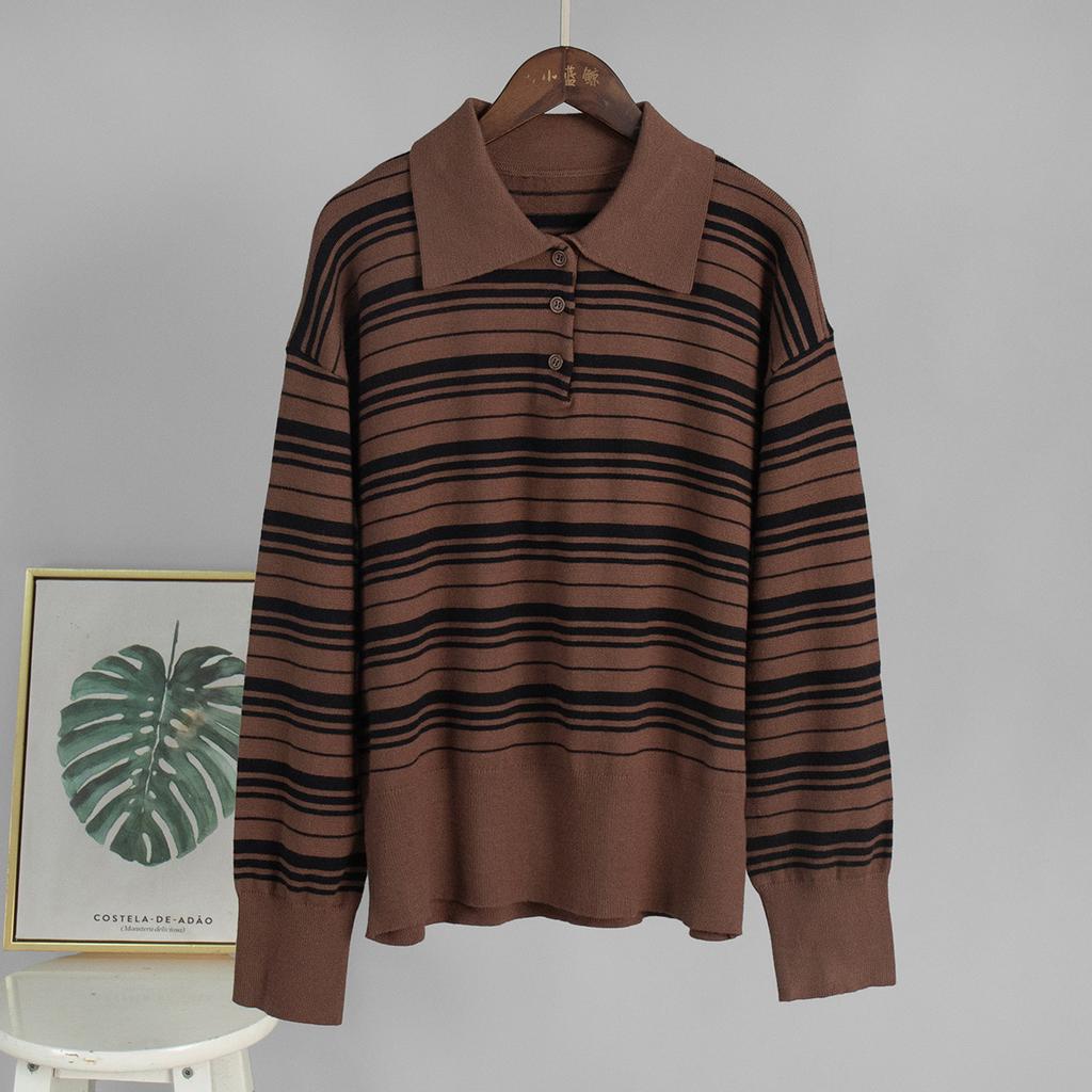 Womens Loose Colorblock Stripe Turn Down Collar Long Sleeve Knit T Shirt